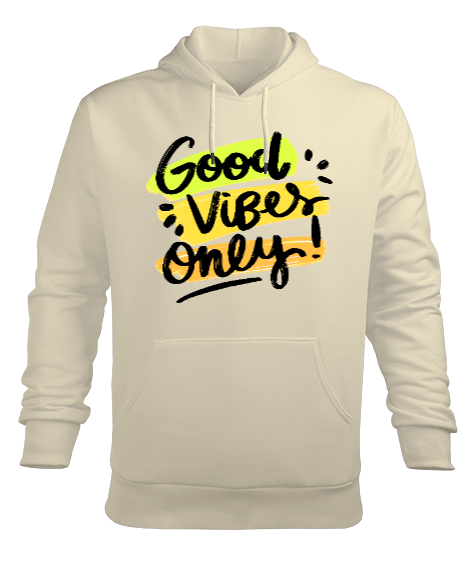 Good Vibes Only Baskılı Krem Erkek Kapüşonlu Hoodie Sweatshirt