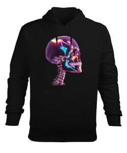 Gotik İskelet Kuru Kafa Neon Siyah Erkek Kapüşonlu Hoodie Sweatshirt