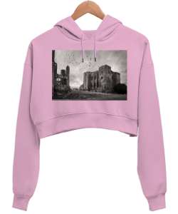 Gotik Mimari Pembe Kadın Crop Hoodie Kapüşonlu Sweatshirt