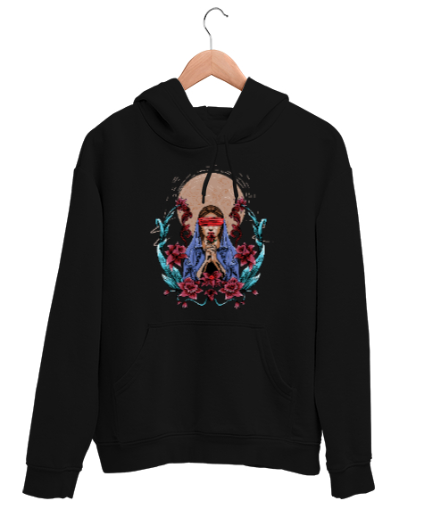 Tisho - Gözler Bağlı - Gül ve Çiçekler Siyah Unisex Kapşonlu Sweatshirt