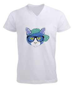 Gözlüklü kedi baskılı Erkek Kısa Kol V Yaka Tişört