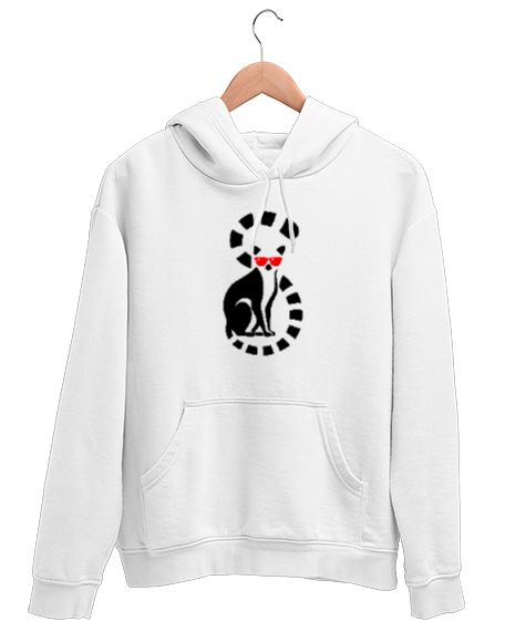 Tisho - Gözlüklü Lemur Beyaz Unisex Kapşonlu Sweatshirt