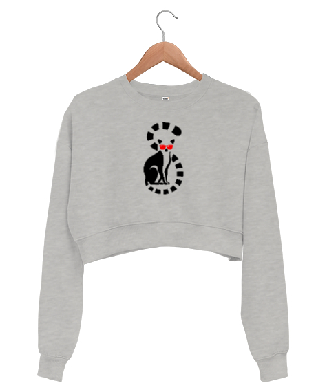 Tisho - Gözlüklü Lemur Gri Kadın Crop Sweatshirt