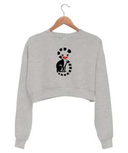 Gözlüklü Lemur Gri Kadın Crop Sweatshirt