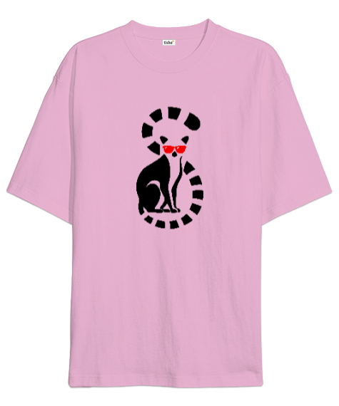 Tisho - Gözlüklü Lemur Pembe Oversize Unisex Tişört