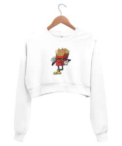 Gözlüklü patetes kızartması baskılı Beyaz Kadın Crop Sweatshirt