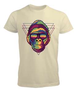 Gözlüklü Renkli Aksi Orangutan Özel Tasarım Krem Erkek Tişört