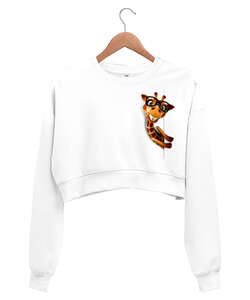 Gözlüklü Zürafa Beyaz Kadın Crop Sweatshirt