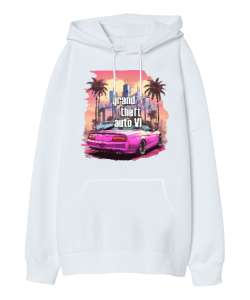 grant theft auto Beyaz Oversize Unisex Kapüşonlu Sweatshirt