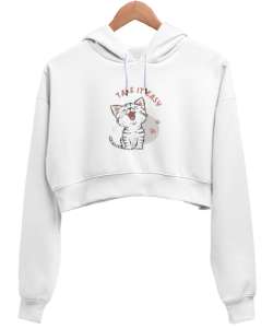 Gray Dark Pink Cute Animal Beyaz Kadın Crop Hoodie Kapüşonlu Sweatshirt