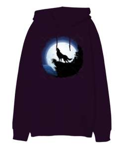 Gray Wolf Koyu Mor Oversize Unisex Kapüşonlu Sweatshirt