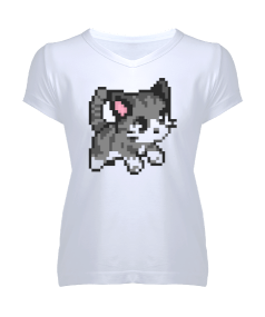 Grey Pixel Cat Kadın V Yaka Tişört