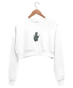 Gri Kedili Beyaz Kadın Crop Sweatshirt