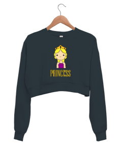 Gri princess yazılı kısa Kadın Crop Sweatshirt