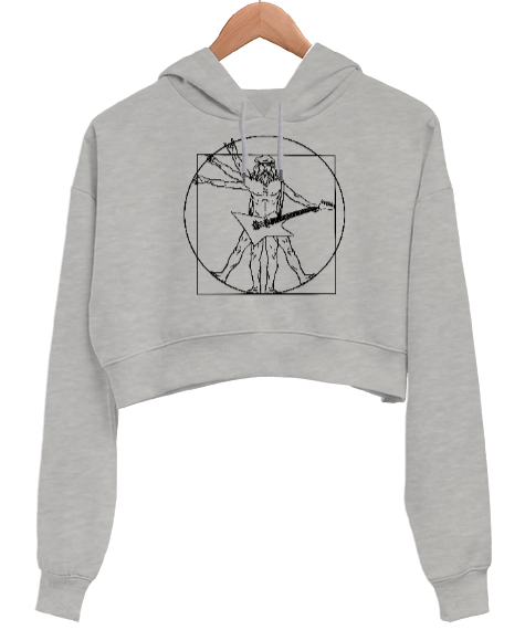 Guitar Man Gri Kadın Crop Hoodie Kapüşonlu Sweatshirt