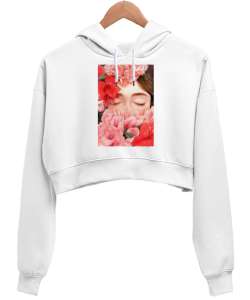 Gül Beyaz Kadın Crop Hoodie Kapüşonlu Sweatshirt