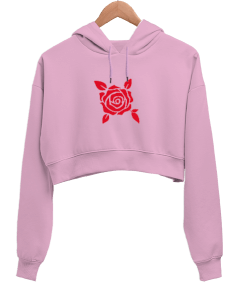 Gül Tasarımlı Kadın Crop Hoodie Kapüşonlu Sweatshirt