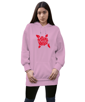 Gül Tasarımlı Kadın Uzun Hoodie Kapüşonlu Sweatshirt