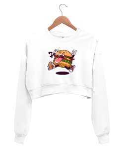 Gülen hamburger desenli Beyaz Kadın Crop Sweatshirt