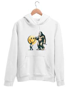 Gülen surat çizen bigfoot Beyaz Unisex Kapşonlu Sweatshirt