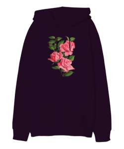 Güller - Roses Koyu Mor Oversize Unisex Kapüşonlu Sweatshirt