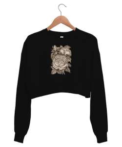 Güller - Roses V2 Siyah Kadın Crop Sweatshirt