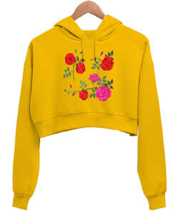 güller Sarı Kadın Crop Hoodie Kapüşonlu Sweatshirt