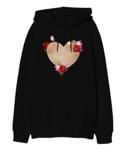 Güller ve Kalp - Roses And Heart Siyah Oversize Unisex Kapüşonlu Sweatshirt