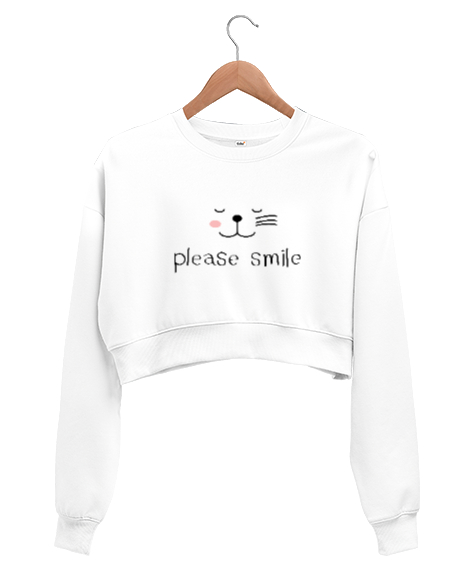 Tisho - Gülümse Lütfen - Please Smile - Kedi Beyaz Kadın Crop Sweatshirt