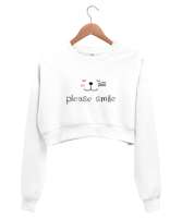 Gülümse Lütfen - Please Smile - Kedi Beyaz Kadın Crop Sweatshirt - Thumbnail