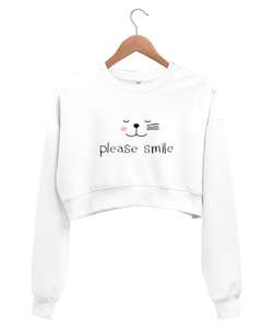 Gülümse Lütfen - Please Smile - Kedi Beyaz Kadın Crop Sweatshirt