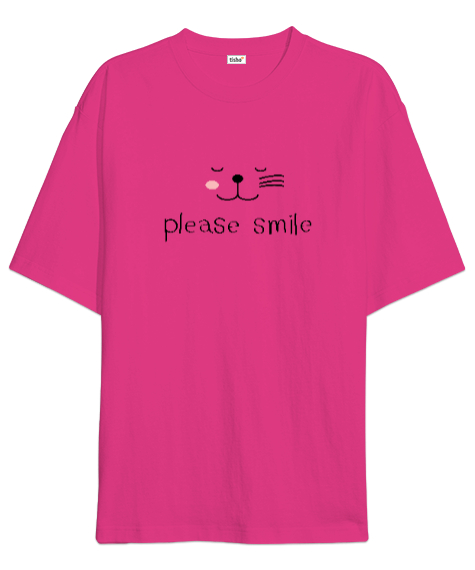 Tisho - Gülümse Lütfen - Please Smile - Kedi Fuşya Oversize Unisex Tişört