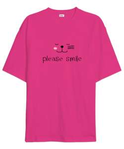 Gülümse Lütfen - Please Smile - Kedi Fuşya Oversize Unisex Tişört