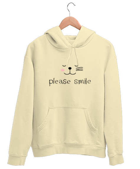 Tisho - Gülümse Lütfen - Please Smile - Kedi Krem Unisex Kapşonlu Sweatshirt