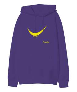 Gülümse - Smile Mor Oversize Unisex Kapüşonlu Sweatshirt