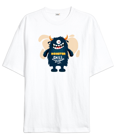 Tisho - Gülümseyen Şirin Canavar - Smile Monster Beyaz Oversize Unisex Tişört