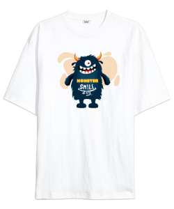 Gülümseyen Şirin Canavar - Smile Monster Beyaz Oversize Unisex Tişört