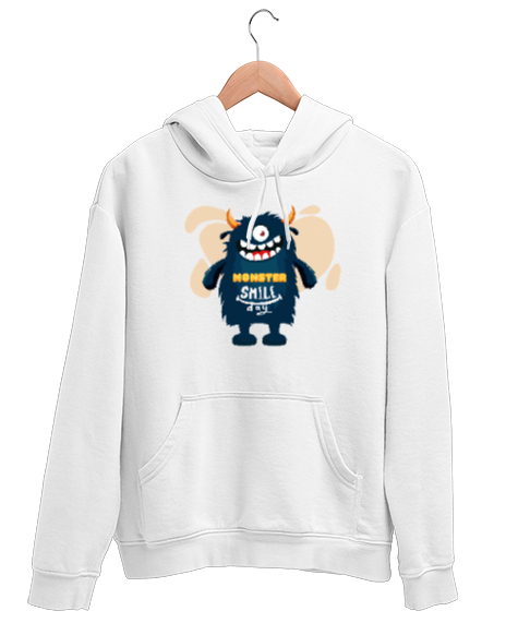 Tisho - Gülümseyen Şirin Canavar - Smile Monster Beyaz Unisex Kapşonlu Sweatshirt