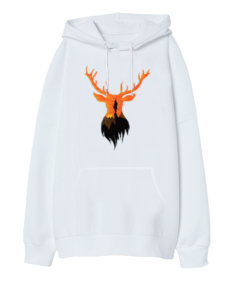 Günbatımı Geyik, Deer Beyaz Oversize Unisex Kapüşonlu Sweatshirt