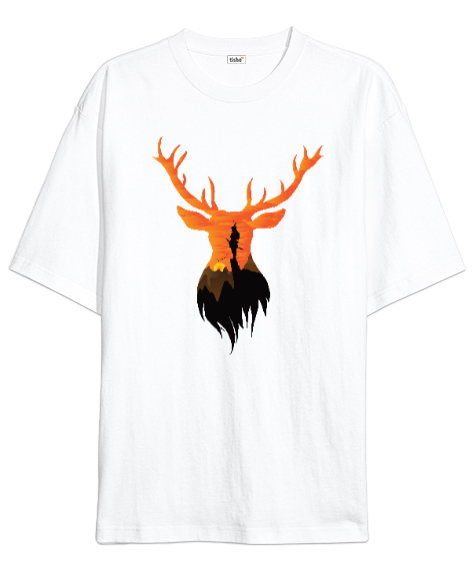 Günbatımı Geyik, Deer Beyaz Oversize Unisex Tişört