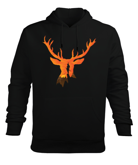 Günbatımı Geyik, Deer Siyah Erkek Kapüşonlu Hoodie Sweatshirt