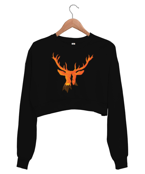 Günbatımı Geyik, Deer Siyah Kadın Crop Sweatshirt