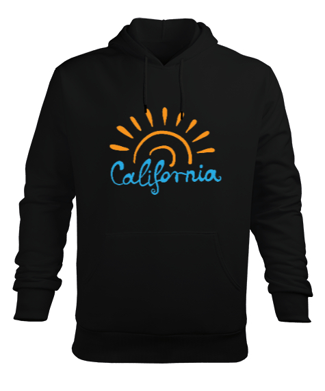 Güneşli California Tasarım Baskılı Siyah Erkek Kapüşonlu Hoodie Sweatshirt