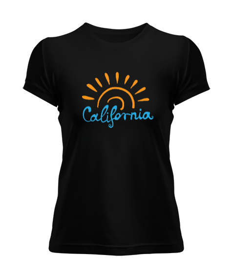 Tisho - Güneşli California Tasarım Baskılı Siyah Kadın Tişört