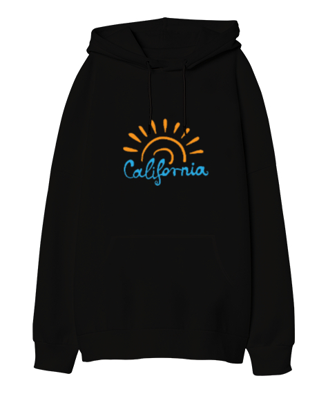 Güneşli California Tasarım Baskılı Siyah Oversize Unisex Kapüşonlu Sweatshirt