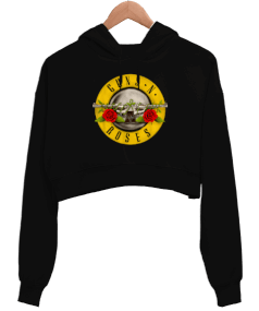 Guns N Roses Baskılı Siyah Kadın Crop Hoodie Kapüşonlu Sweatshirt