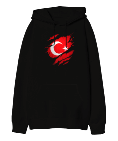 Gururlu Türkiye Türk Tasarım Baskılı Siyah Oversize Unisex Kapüşonlu Sweatshirt