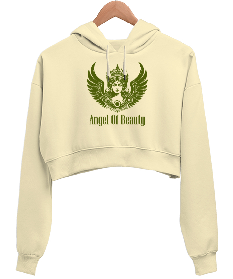 Tisho - Güzellik Meleği - Angel Of Beauty Krem Kadın Crop Hoodie Kapüşonlu Sweatshirt