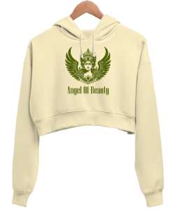 Güzellik Meleği - Angel Of Beauty Krem Kadın Crop Hoodie Kapüşonlu Sweatshirt