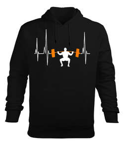 Gym Barbell Weightlifting Heartbeat Bodybuilding Tasarımı Baskılı Siyah Erkek Kapüşonlu Hoodie Sweatshirt